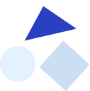 A blue triangle, white circle, and square.