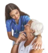 A nurse talking on a cell phone to an elderly woman