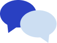 Two blue and white speech bubbles on a white background.