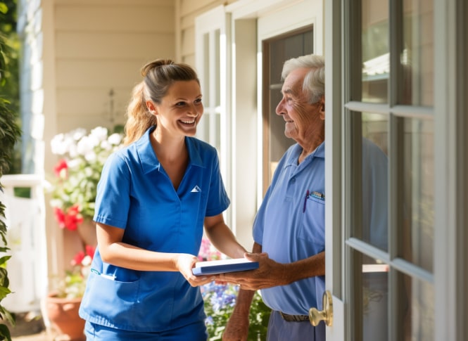 A man and a nurse standing on a porch.