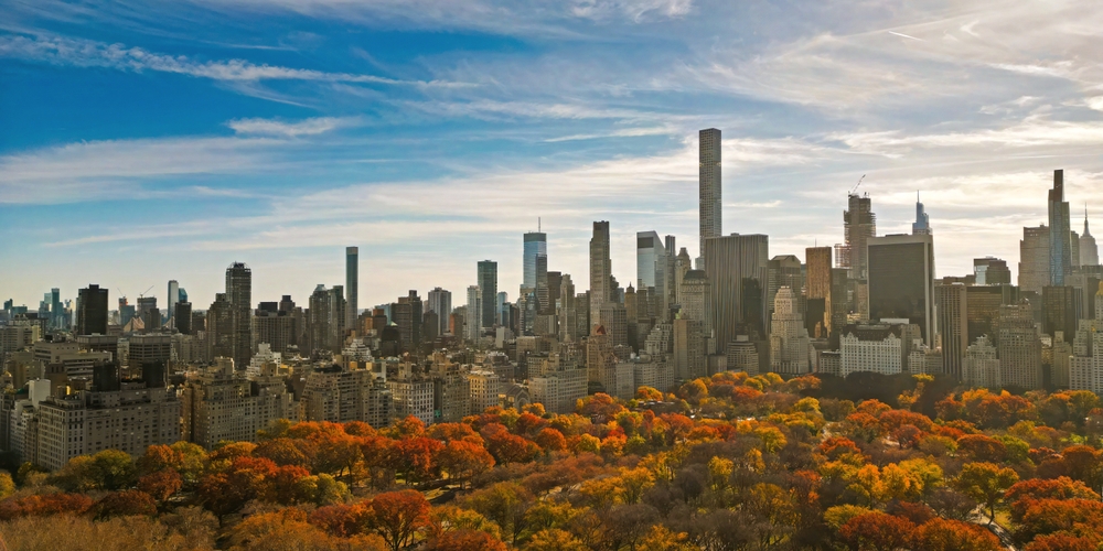 The leaves changing in Central Park in the fall with the NYC skyline in the background