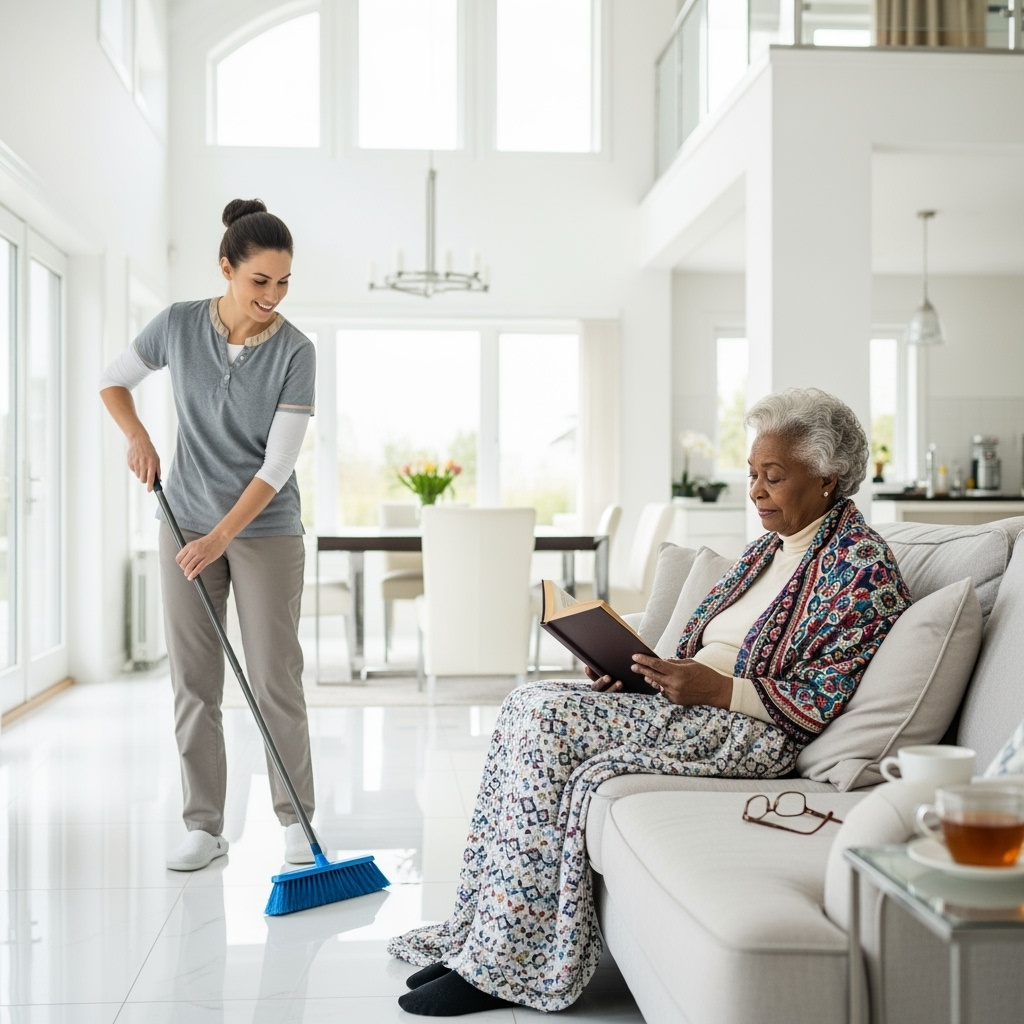 A Black woman seated on a grey couch reading a book, while a caregiver sweeps the floor.